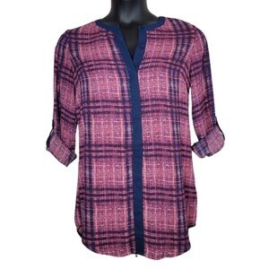 Zac & Rachel Pink & Navy Button-Down Peasant Top Sz Sm